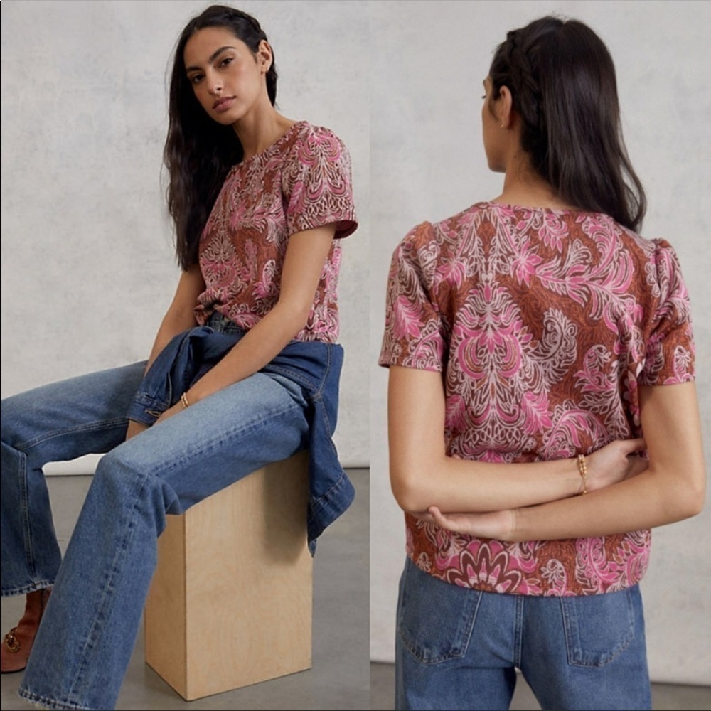 Anthropologie Demeter floral paisley print copper shimmer short sleeve top